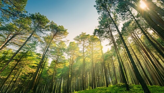 forest of green pine trees with sunlight in the morning when looking up nature background