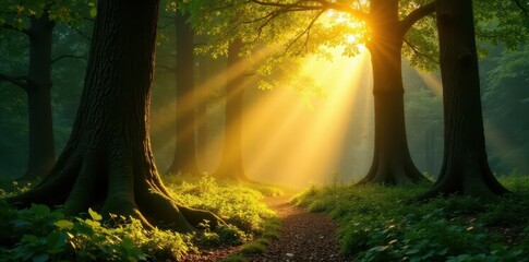 Golden sunlight streams through ancient trees, illuminating lush forest floor , image, mystical, beams