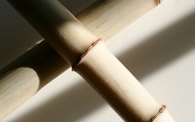 Close-up view of two light beige bamboo stalks intersecting, illuminated by sunlight casting shadows on a light background