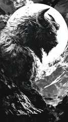 A monstrous creature stands before a radiant and illuminated full moon