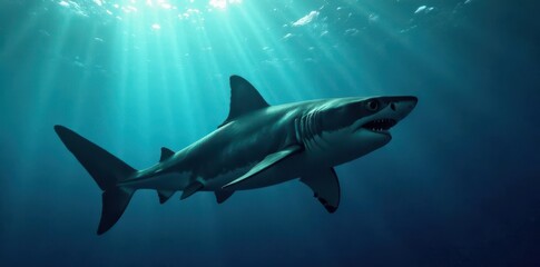 Fototapeta premium Great white shark's silhouette lunging, underwater ambush, darkness, fish, attack