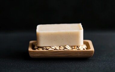 Beige artisanal soap bar rests on a small wooden dish with oatmeal on a dark background.  The image is simple and clean, highlighting the natural ingredients and craftsmanship