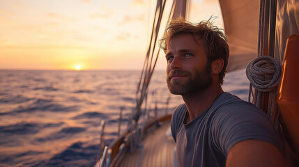 Sailor enjoying a serene sunset while relaxing on a boat in the open sea