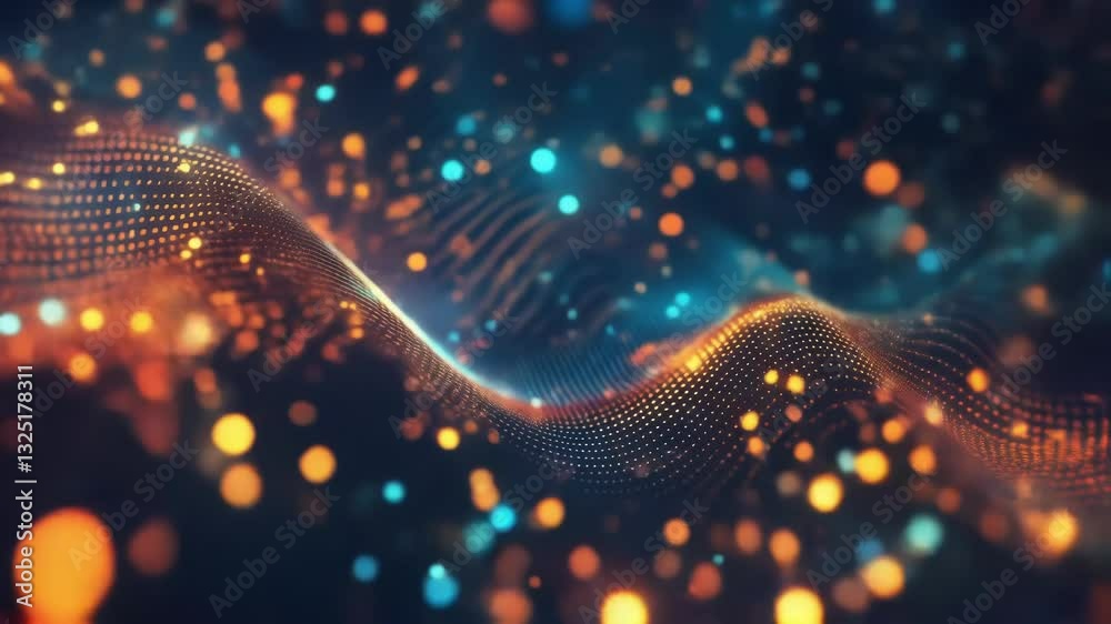 Poster colorful particles swirling and flowing in an abstract wave form, illustrating a dynamic representat