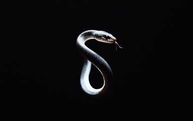 Fototapeta premium A dark image of a snake coiled in a figure eight shape against a black background. The snake is predominantly black and white, with subtle texture visible. The lighting is dramatic, emphasizing the