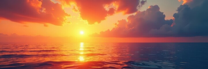 Golden hour sun paints sky vibrant hues over calm ocean, morning light, travel