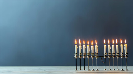 Glowing Hanukkah Menorah with Lit Candles on a Wooden Surface Against a Deep Blue Backdrop