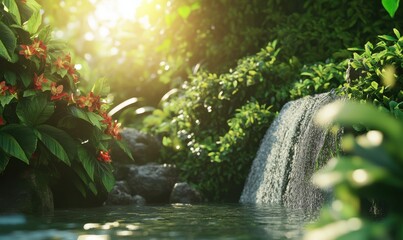 Dense green jungle with cascading waterfalls, sunlight streaming through the foliage creating a vibrant and serene tropical setting .