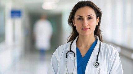 Young woman doctor in modern hospital corridor with confident gaze