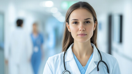 Confident Young Woman Doctor in Modern Healthcare Corridor