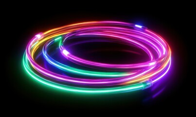 Dynamic motion trails of colorful neon light forming sleek curves illuminated against a dark background creating a futuristic visual .