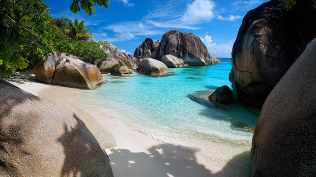 Stunning seychellois beach with turquoise waters and granite boulders under clear blue sky.