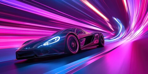 A futuristic sports car racing through a vibrant colorful tunnel