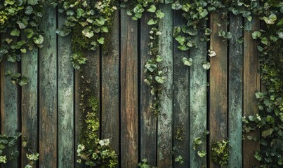 Wooden slat wall with overgrown vines and moss, earthy tones, natural elements, overgrowth