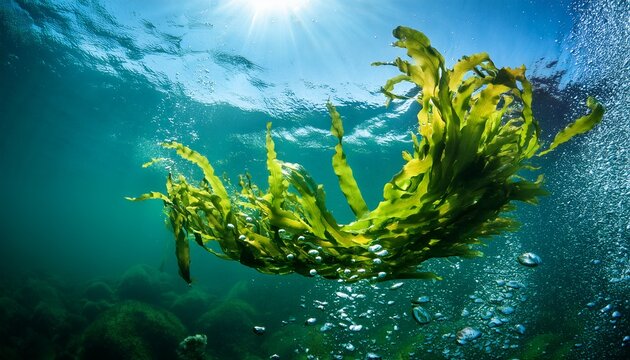 green seaweed ulva lactuca algae swing underwater with bubbles