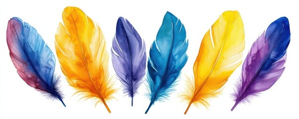 Vibrant feather art: yellow, blue, and purple feathers on white background