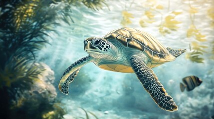 Fototapeta premium A beautiful sea turtle swims gracefully in the ocean water