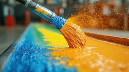Industrial paint application, brush dipping in orange paint