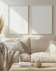 Two blank frames on wall above beige couch.