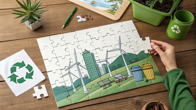 A Person Thoughtfully Placing The Final Piece Of An Eco-friendly Jigsaw Puzzle Depicting A Sustainable City Skyline With Wind Turbines And Recycling Bins, Showcasing Soft Lighting And A Natural Wooden - Powered by Adobe