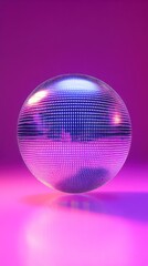 A reflective ball sits in a vivid pink and purple atmosphere