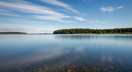 Fototapeta premium Serene lake view with forest horizon and wispy clouds on a clear day