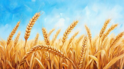 Golden wheat stalks reaching towards a bright blue sky in sunlight