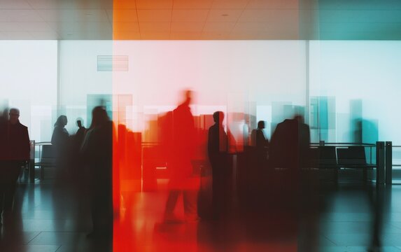 Abstract image of blurred figures in an airport waiting area, with a red and teal color filter effect. The silhouettes of people are indistinct, suggesting movement and transit