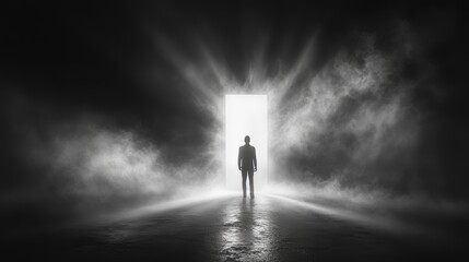 A man standing in front of a door. The door is open and the man is looking through it. depression.
