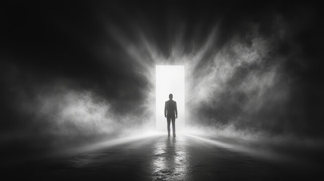 A man standing in front of a door. The door is open and the man is looking through it. depression.