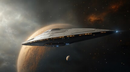 Obraz premium Colossal spaceship hovering silently over an unknown planet in deep space with distant celestial objects