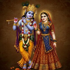 Fototapeta premium Eternal Love of Radha and Krishna: A Divine Depiction of the Flute-Playing Lord Krishna and His Beloved Radha in Traditional Royal Attire, Symbolizing Devotion and Spiritual Harmony