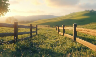 Obraz premium Peaceful countryside view with rolling green hills, wooden fences, and soft golden light creating a serene atmosphere.