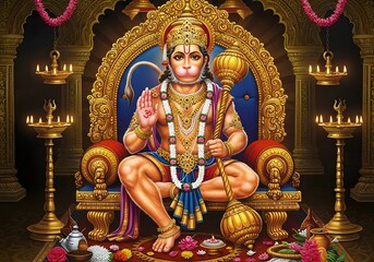 Majestic Lord Hanuman Seated on a Golden Throne: A Divine Representation of Strength, Devotion, and Protection in a Sacred Temple Ambience