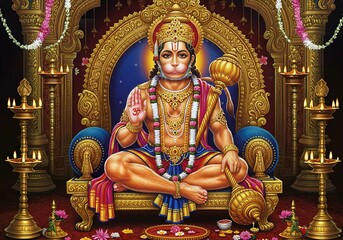 Majestic Lord Hanuman Seated on a Golden Throne: A Divine Representation of Strength, Devotion, and Protection in a Sacred Temple Ambience