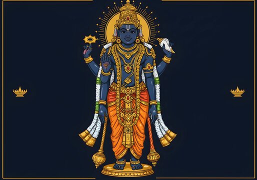Divine Illustration of Lord Vishnu: The Preserver of the Universe Adorned in Gold and Orange Attire, Holding the Conch, Discus, Mace, and Lotus