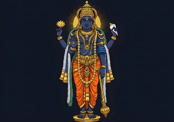 Fototapeta premium Divine Illustration of Lord Vishnu: The Preserver of the Universe Adorned in Gold and Orange Attire, Holding the Conch, Discus, Mace, and Lotus