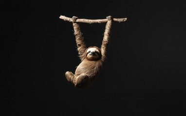 Fototapeta premium Brown sloth hanging from a small branch against a dark background. The sloth's fur appears textured. The image is sharply focused on the sloth