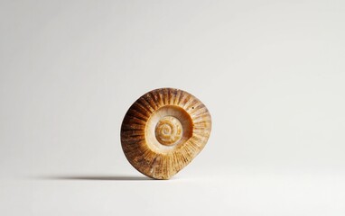 Close-up view of a small, spiraled shell on a white background. The shell is brown and shows intricate texture