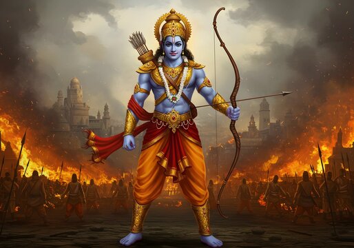 Lord Rama, the Divine Warrior: A Majestic Depiction of the Prince of Ayodhya in Battle Stance, Wielding His Bow and Arrow Amidst the Fiery Destruction of Lanka