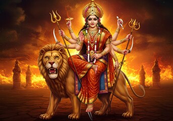 Majestic Depiction of Goddess Durga: The Fierce Divine Warrior Seated on Her Lion, Wielding Sacred Weapons, and Radiating Power Amidst a Fiery Battlefield