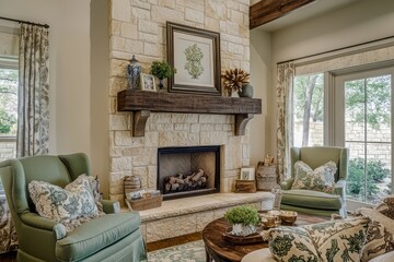 A timeless living room showcasing a traditional stone fireplace, oversized chairs, and subtle pops of sage green decor