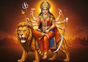 Majestic Depiction of Goddess Durga: The Fierce Divine Warrior Seated on Her Lion, Wielding Sacred Weapons, and Radiating Power Amidst a Fiery Battlefield