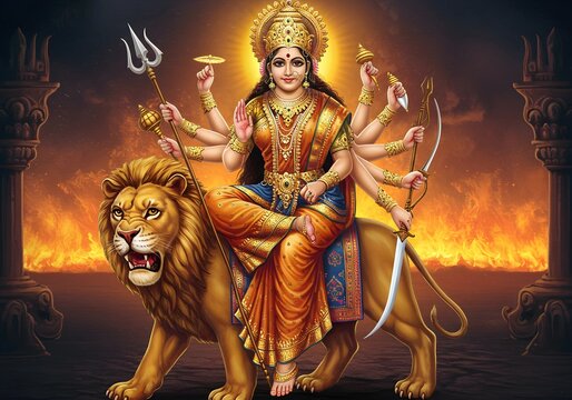Majestic Depiction of Goddess Durga: The Fierce Divine Warrior Seated on Her Lion, Wielding Sacred Weapons, and Radiating Power Amidst a Fiery Battlefield