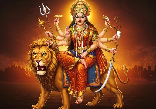 Majestic Depiction of Goddess Durga: The Fierce Divine Warrior Seated on Her Lion, Wielding Sacred Weapons, and Radiating Power Amidst a Fiery Battlefield