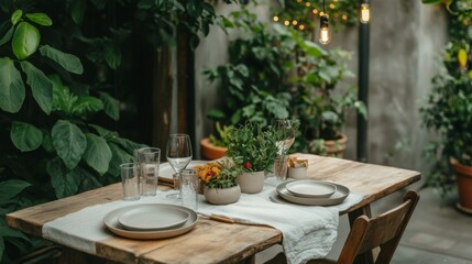 Charming minimalist outdoor dining area with greenery and warm lighting inviting a cozy gathering in the evening