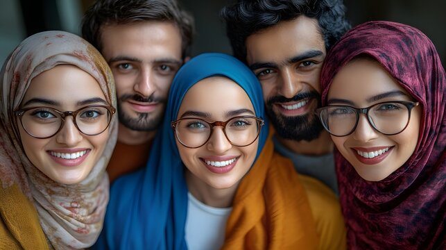 Group of smiling young Muslim friends in hijabs and modern attire. Diversity and confidence. Symbol of cultural pride, unity and fight against Islamophobia