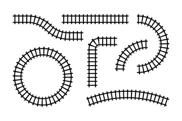Collection of railroad segments. Rail road elements top view. Train track straight and waved lines isolated on white background. Vector illustration.