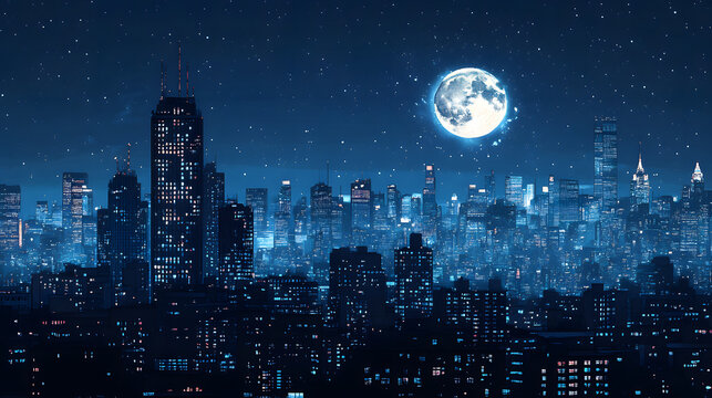 Nighttime city skyline illuminated by moonlight, showcasing skyscrapers and a starry sky