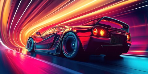 A red sports car racing through a colorful neon tunnel